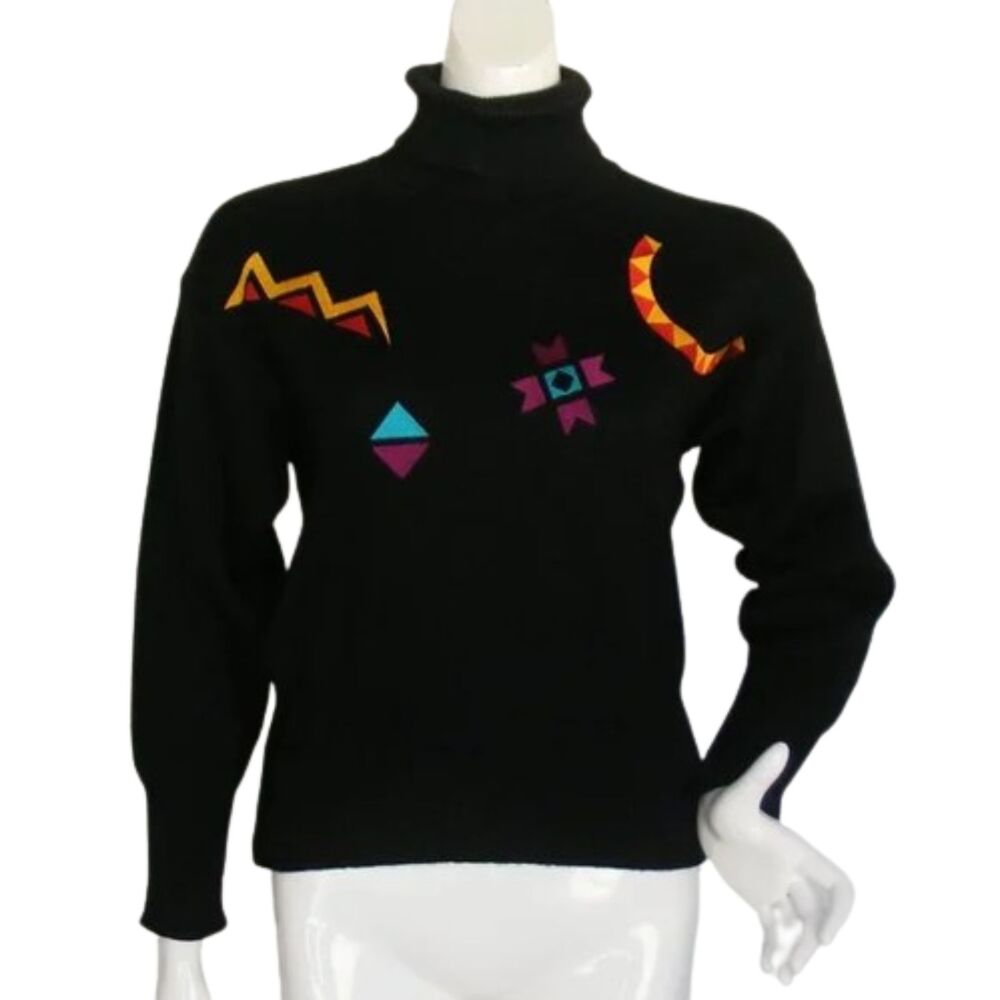 TYROLIA Skiwear Sweater, S/M, Black, Colorful Embroidery, Turtleneck Long sleeve